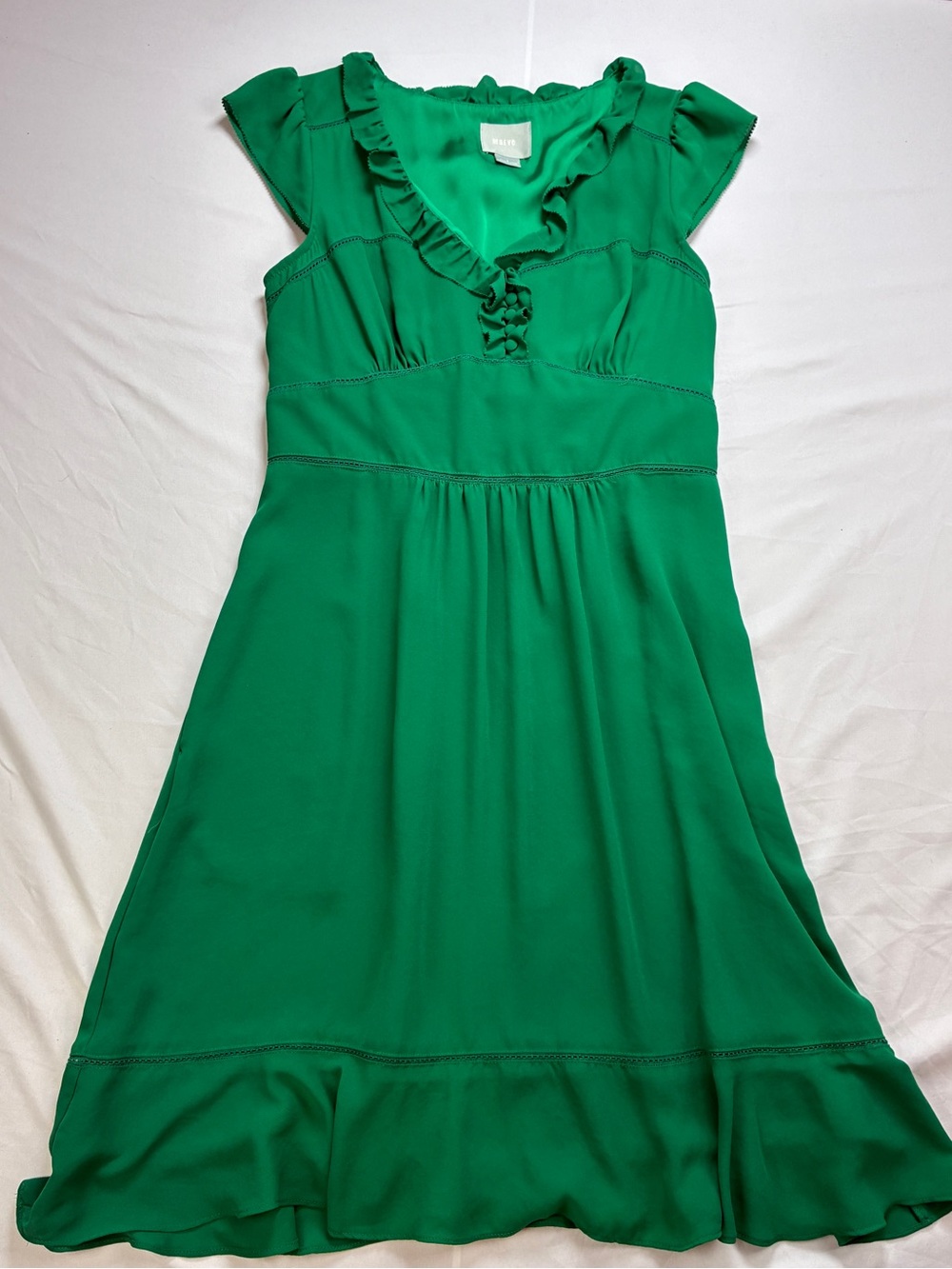 Anthropologie Maeve Ruffled Della Dress in Emerald/Kelly Green Sz 8 whimsical